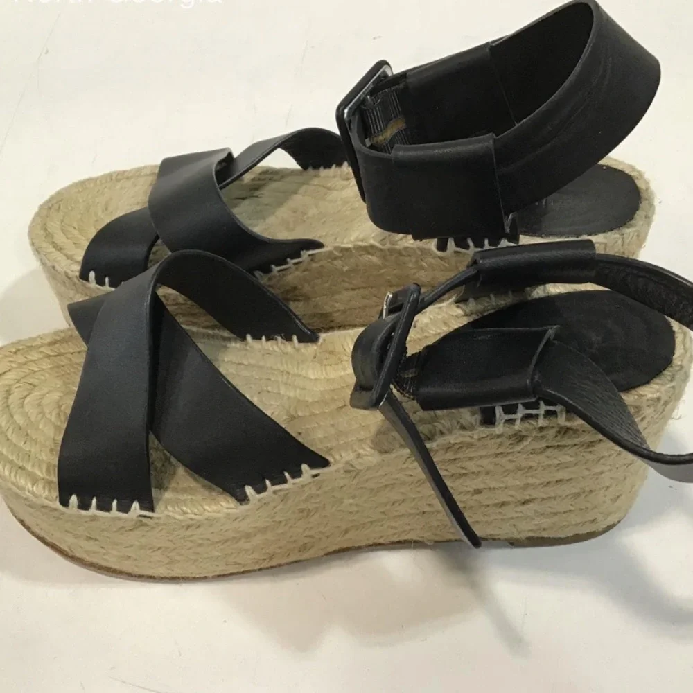 Women’s Chloe Isla Black Leather Platform Espadrille Sandals Size 38